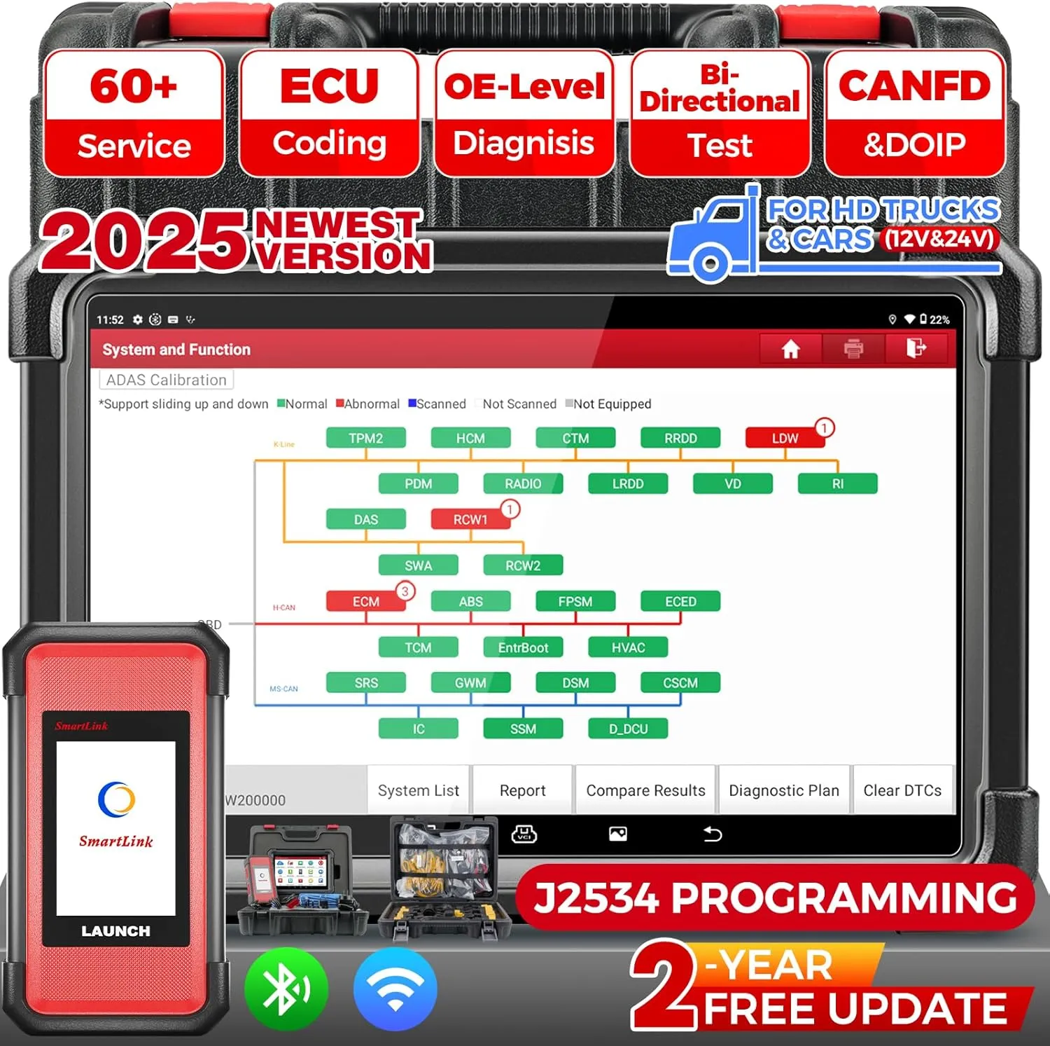 LAUNCH X431 PRO3S SMARTLINK HD Heavy Duty Truck Scanner,2025 Elite Diesel&Gasoline Bidirectional Diagnostic Scan Tool,60 Service,ECU Coding,Topology Mapping,AutoAuth FCA SGW,2 YSR Free Update