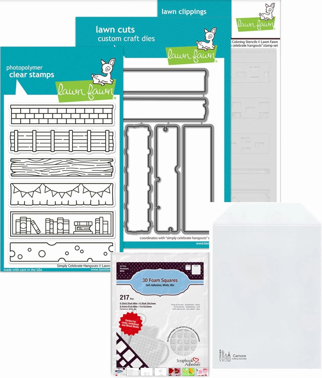 Lawn Fawn Simply Celebrate Hangouts, 4"x6" Clear Stamps, Coordinating Dies, Coloring Stencils, Scrapbook Adhesives Foam Squares, Carnora Stamp/Die Storage Pocket