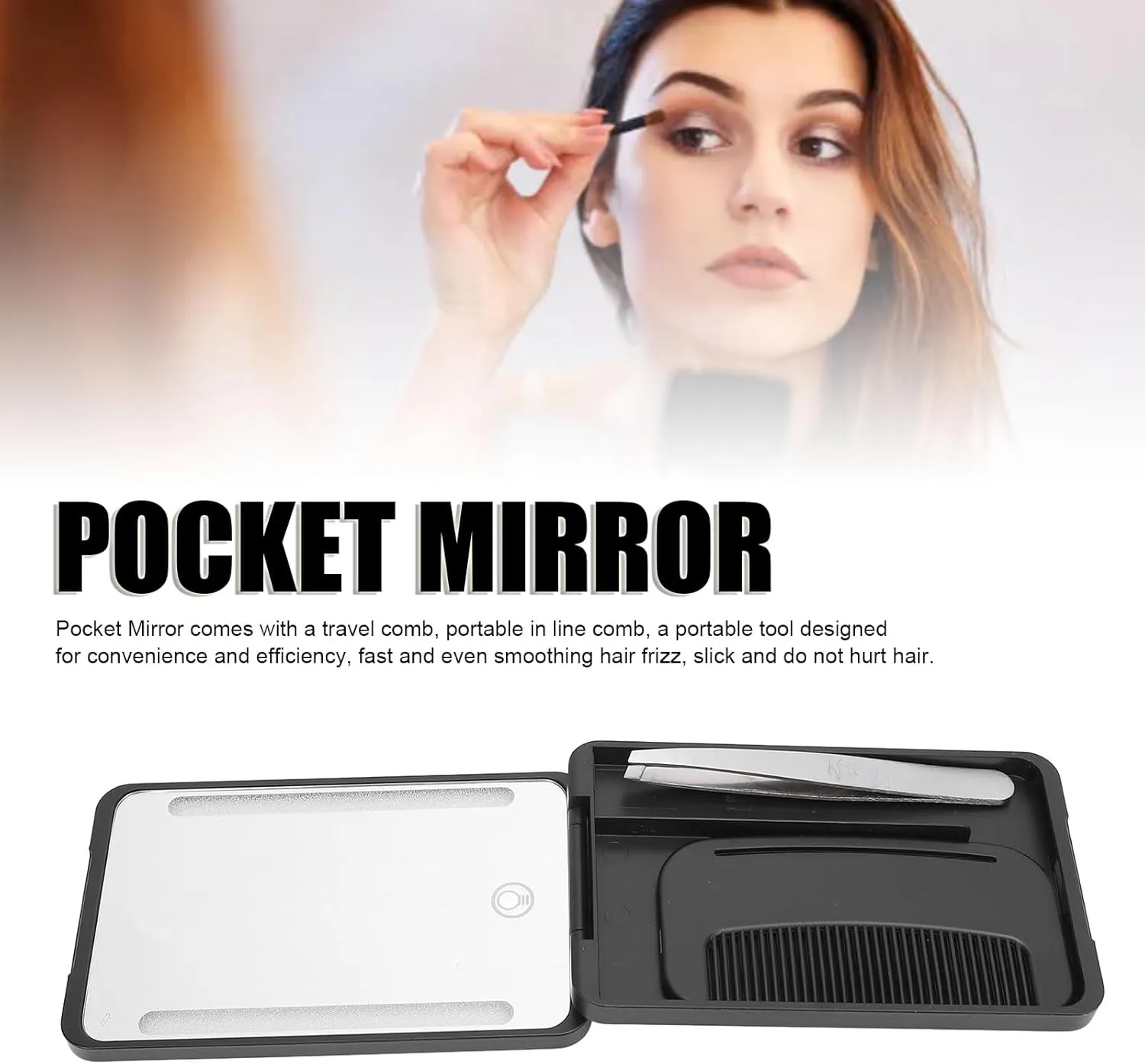 LED Lighted Pocket Mirror, Rechargeable Compact Makeup Mirrorwith Travel Comb, Metal Eyebrow Tweezer & Smart Fill Light for Travel (Black)