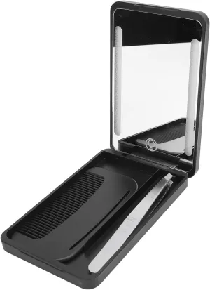 LED Lighted Pocket Mirror, Rechargeable Compact Makeup Mirrorwith Travel Comb, Metal Eyebrow Tweezer & Smart Fill Light for Travel (Black)