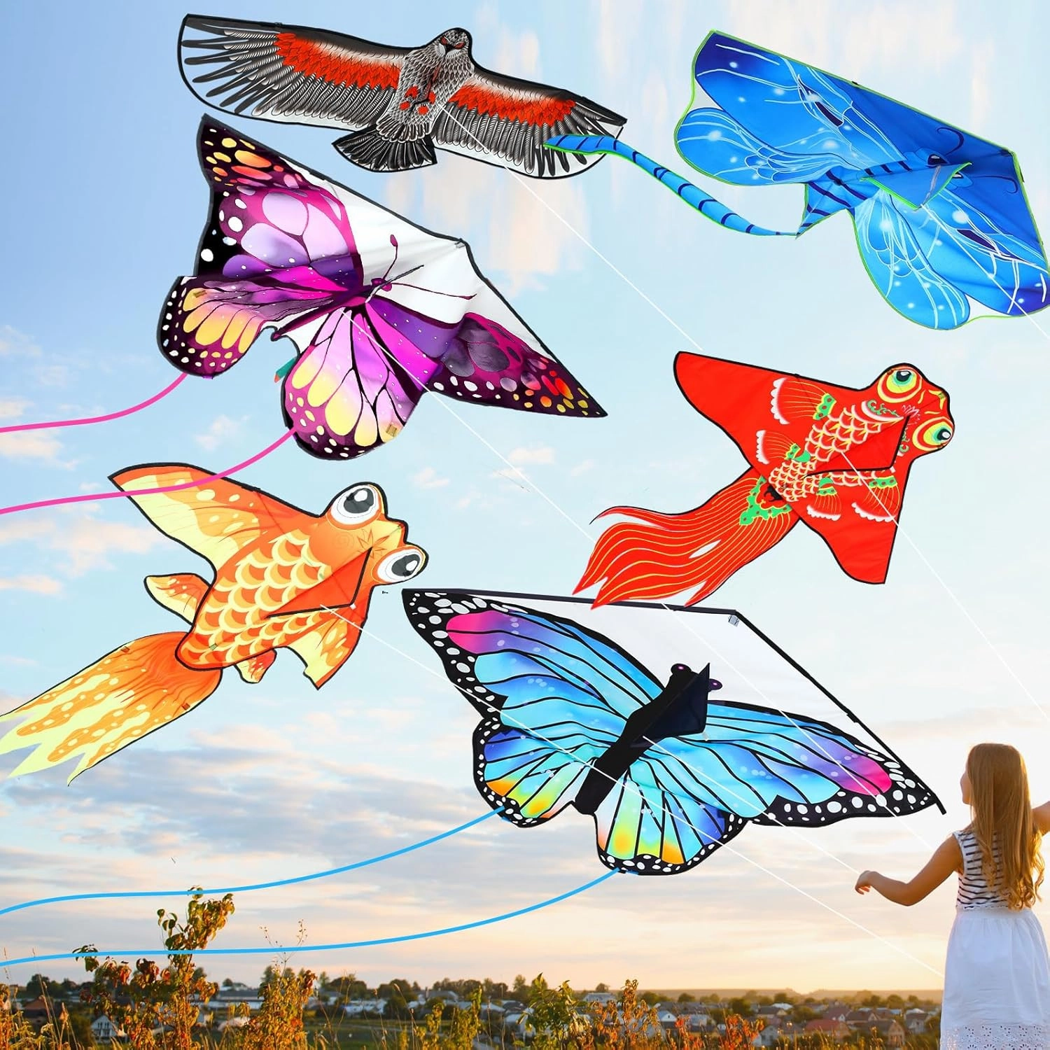 Leitee 6 Pack Large Kite for Kids and Adults Butterfly Kite for Kids Age 4-8-12 Dragonfly Owl Parrot Eagle Goldfish Teens Toy Easy to Fly for Game Beach Outdoor Activities Gifts(Cute Style)