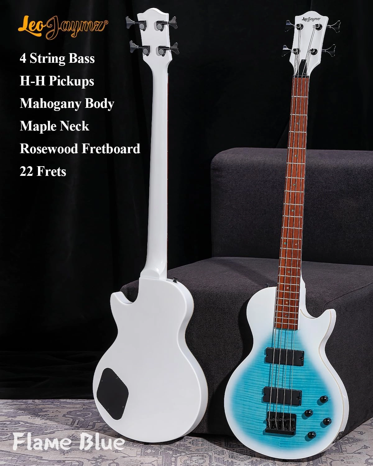Leo Jaymz SC 4 String 34" Scale Electric Bass, 22 Frets, Mahogany Body and Maple Veener, Maple Neck, Rosewood Fingerboard, H-H Pickups, Glossy Finish (SC Flame Blue)