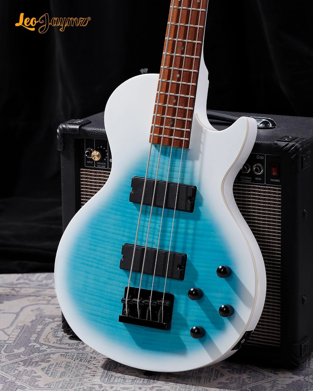 Leo Jaymz SC 4 String 34" Scale Electric Bass, 22 Frets, Mahogany Body and Maple Veener, Maple Neck, Rosewood Fingerboard, H-H Pickups, Glossy Finish (SC Flame Blue)