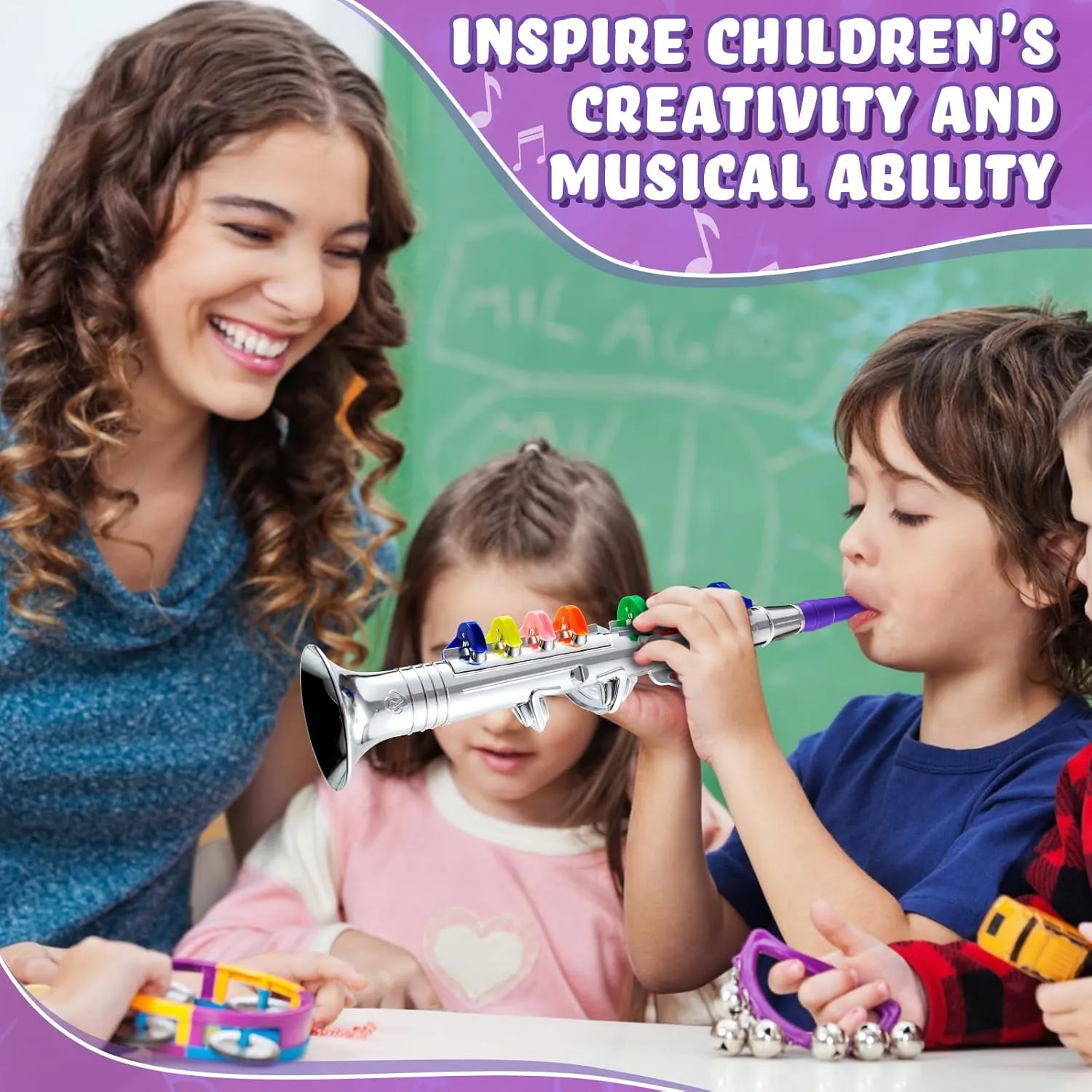 Lewtemi Silver Clarinet Musical Instruments Toy for Kid Toddler Fake Plastic Preschool Music Toy Gift Portable Wind Instrument Early Educational Teaching Songs Toy Gifts for Toddlers Children