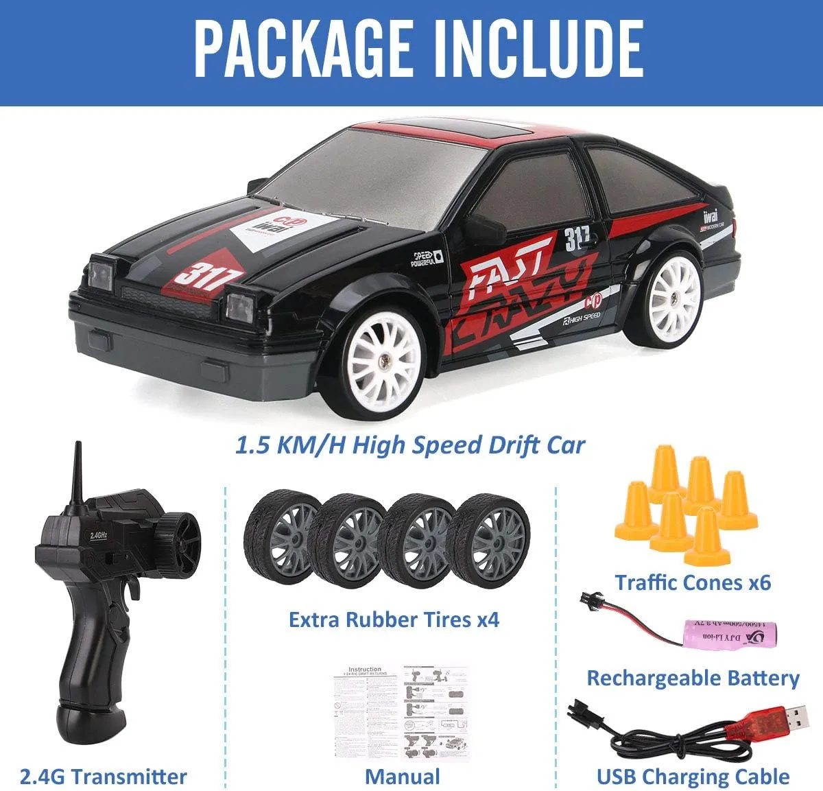 Liberty Imports RC Drift Car 1/24 2.4GHz 4WD Remote Control Sport Racing On-Road Vehicle with LED Light, Batteries and Drift Tires (Style 4)