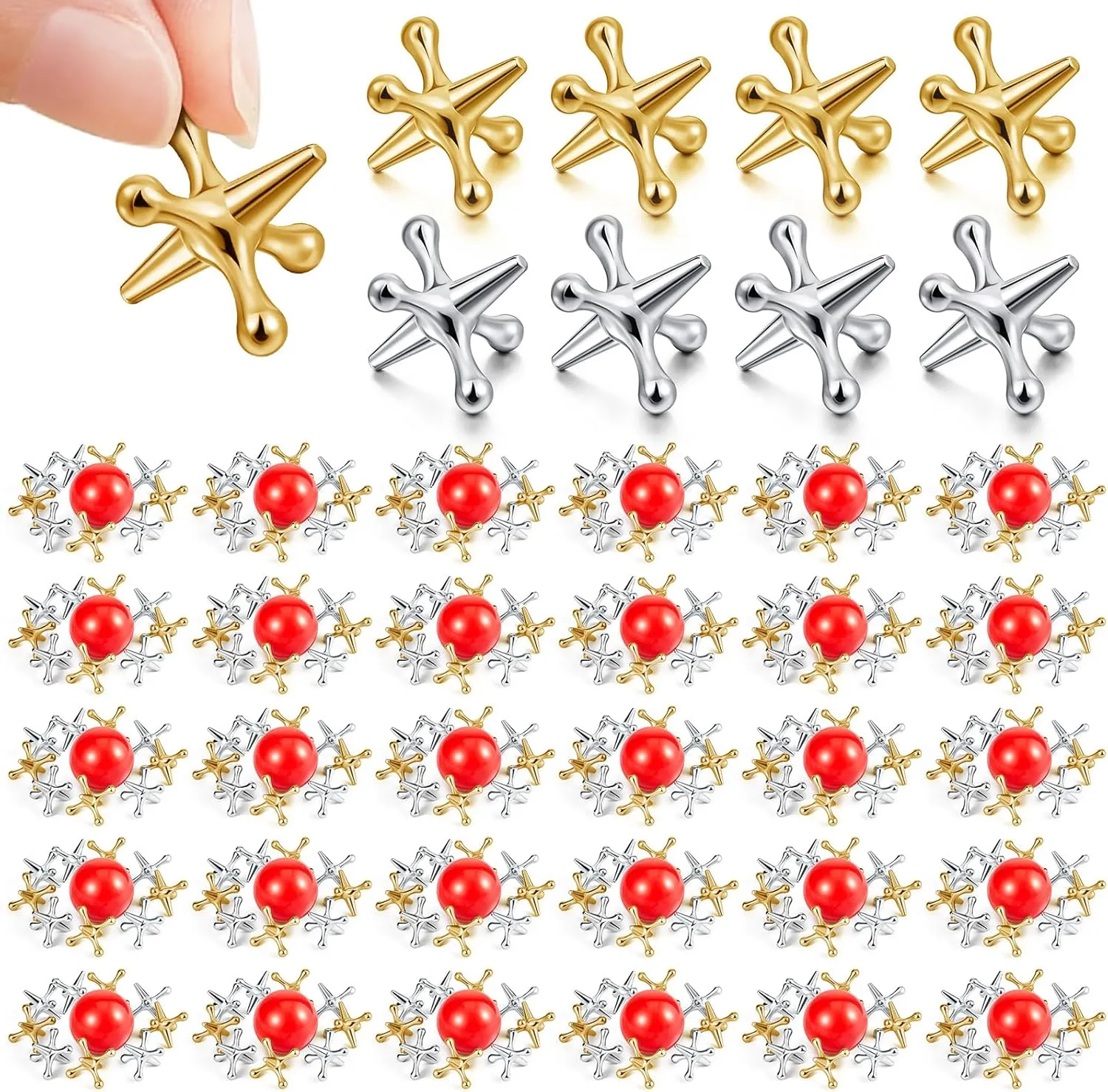 Libima 30 Sets Metal Jacks Game with Ball Bulk Include 300 Pcs Gold and Silver Jacks and 30 Pcs Red Rubber Balls Classic Jax Game Toys Gifts for Teens Adult Prizes Christmas