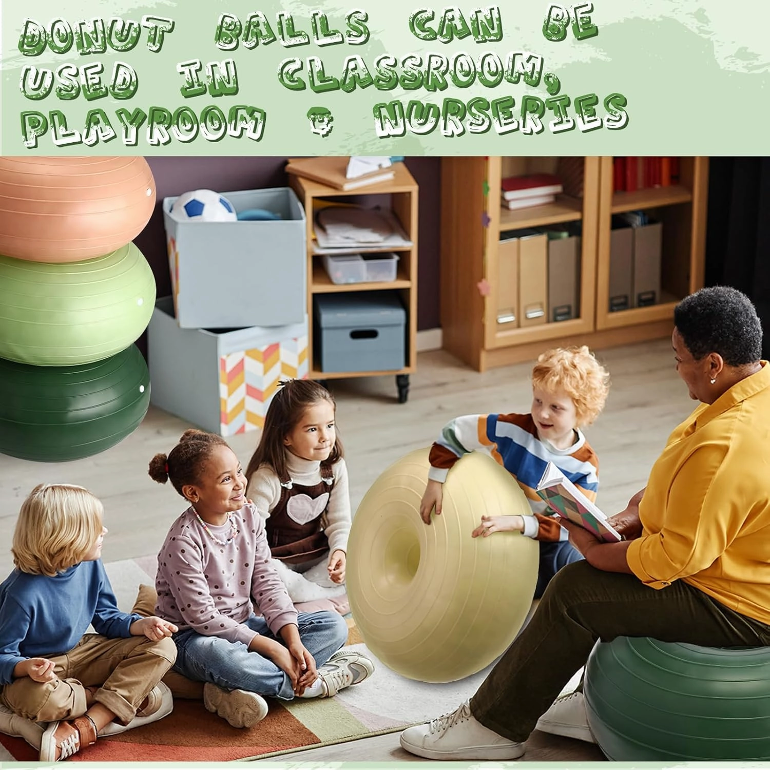 Libima 4 Pcs Flexible Seating for Classroom Inflatable Yoga Ball Chairs with Pump Donut Exercise Ball Chair Cushion Seat for Balance and Stability Training Home Office Gym Workout