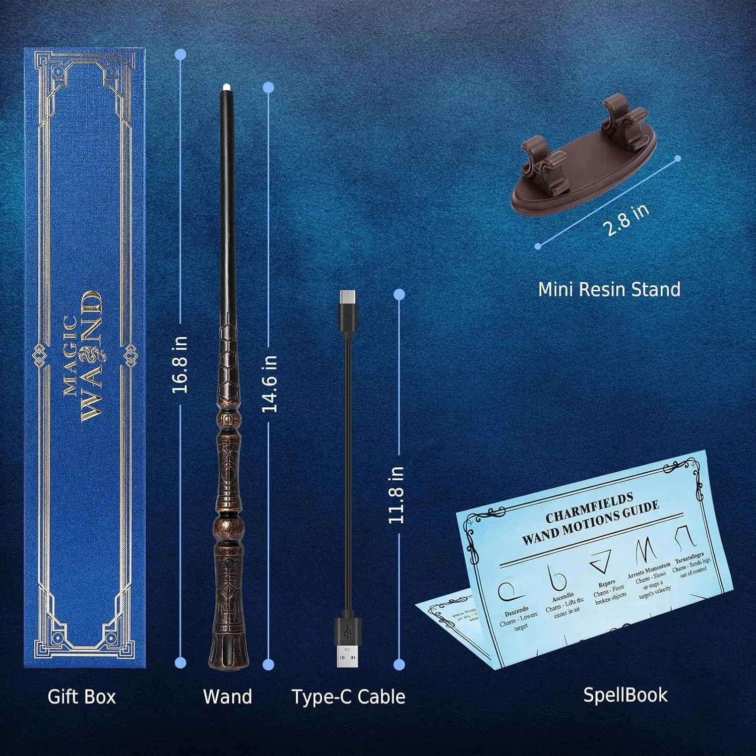 Light Up Magic Wizard Wand with 5 Static Light Colors, Rechargeable Illuminating Resin Witch Wand for Kids Collection Cosplay, with Mini Stand Display, Rune