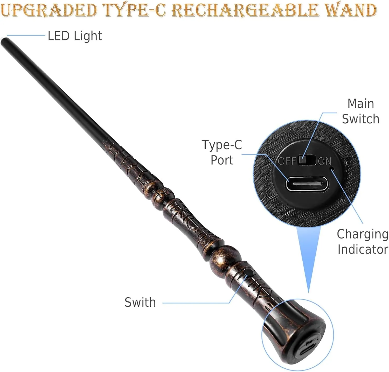Light Up Magic Wizard Wand with 5 Static Light Colors, Rechargeable Illuminating Resin Witch Wand for Kids Collection Cosplay, with Mini Stand Display, Rune