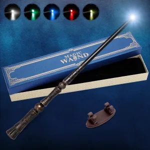 Light Up Magic Wizard Wand with 5 Static Light Colors, Rechargeable Illuminating Resin Witch Wand for Kids Collection Cosplay, with Mini Stand Display, Rune