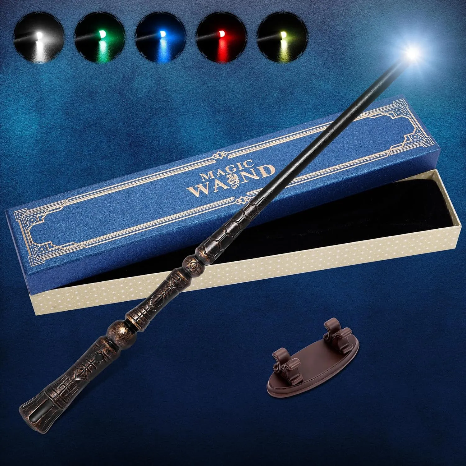 Light Up Magic Wizard Wand with 5 Static Light Colors, Rechargeable Illuminating Resin Witch Wand for Kids Collection Cosplay, with Mini Stand Display, Rune