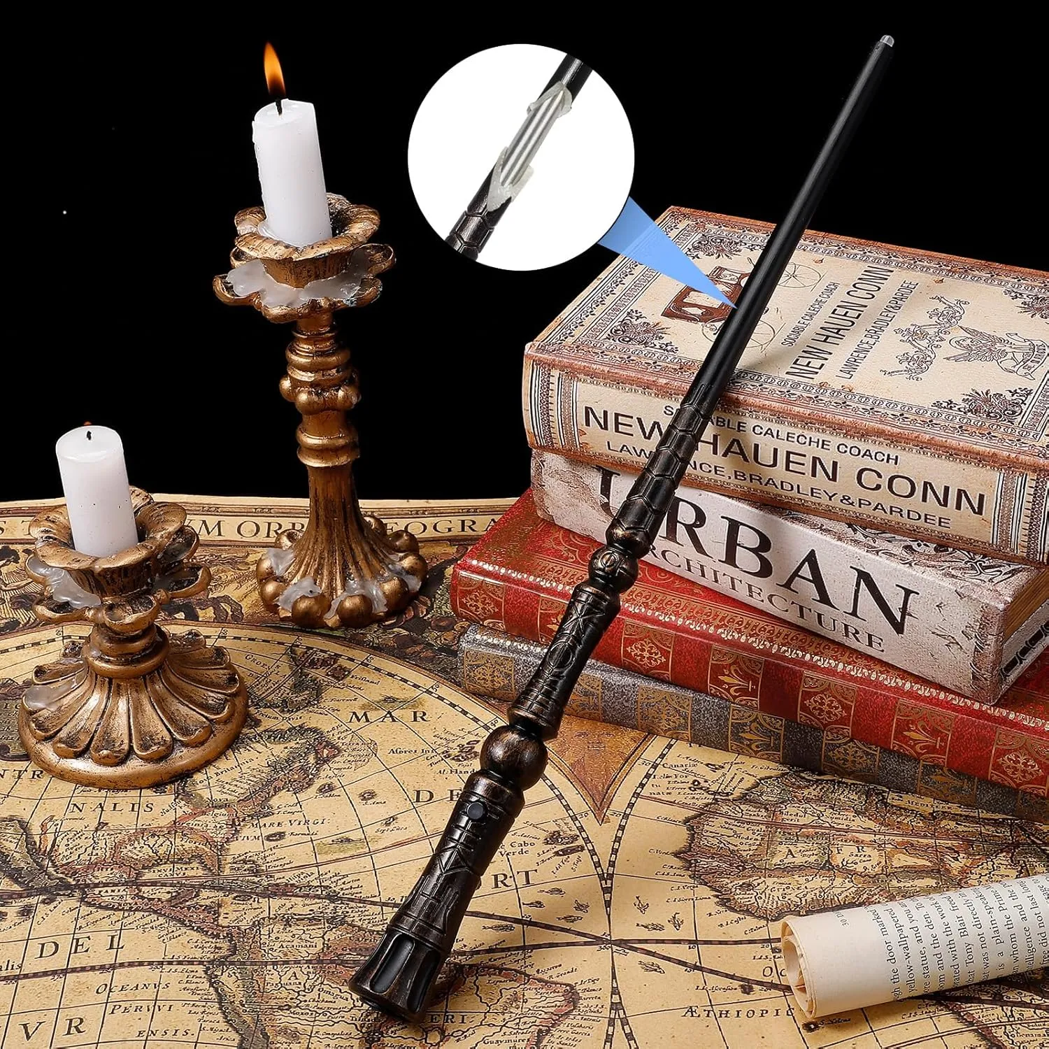 Light Up Magic Wizard Wand with 5 Static Light Colors, Rechargeable Illuminating Resin Witch Wand for Kids Collection Cosplay, with Mini Stand Display, Rune