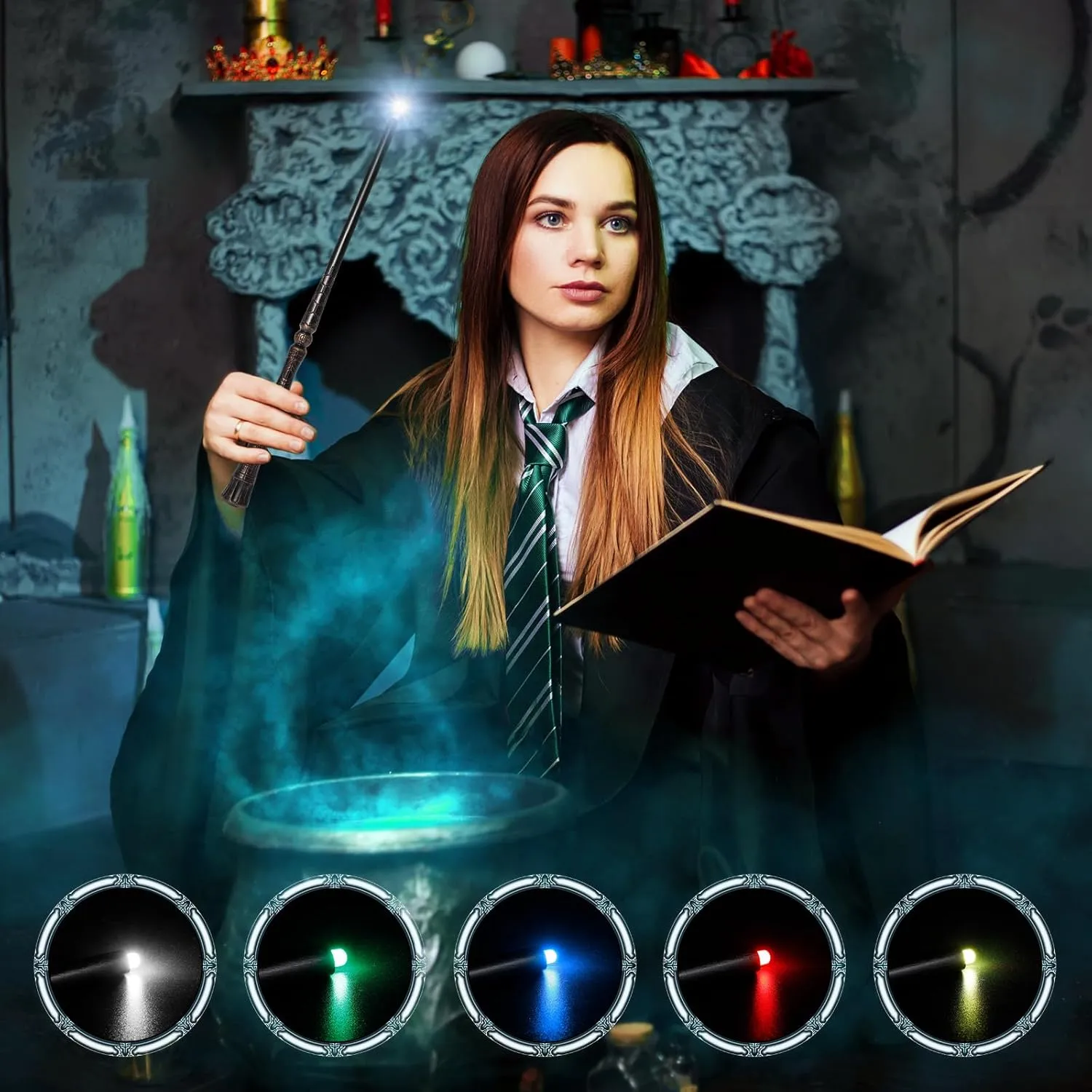 Light Up Magic Wizard Wand with 5 Static Light Colors, Rechargeable Illuminating Resin Witch Wand for Kids Collection Cosplay, with Mini Stand Display, Rune