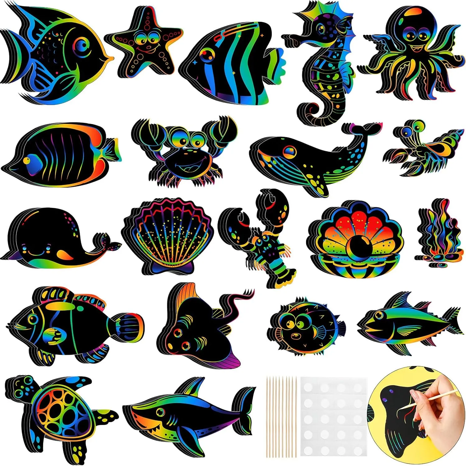 Liliful 80 Pcs Ocean Animals Scratch Cards Sea Crafts for DIY Ocean Party Scratch Card Summer Card Under The Sea Party Favors for DIY Crafts Home Decoration Project, 20 Styles