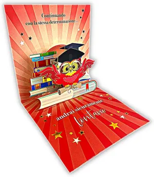 LINA OFFICINE GRAFICHE CREATIVE Funny Pop Up Graduation Gadget Card with Owl, Graduation Jokes Card for Men or Women, Gift and Congratulations for Engineer, Nursing, Lawyer, 6 x 6 inch - (OWL)