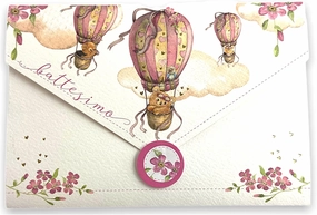 LINA OFFICINE GRAFICHE CREATIVE Christening Card for Girls, Christening Gift for Girls, with Money Bag Included, Label Close Envelope, 11 x 16 cm (Hot Air Balloon - Pink) 96-403