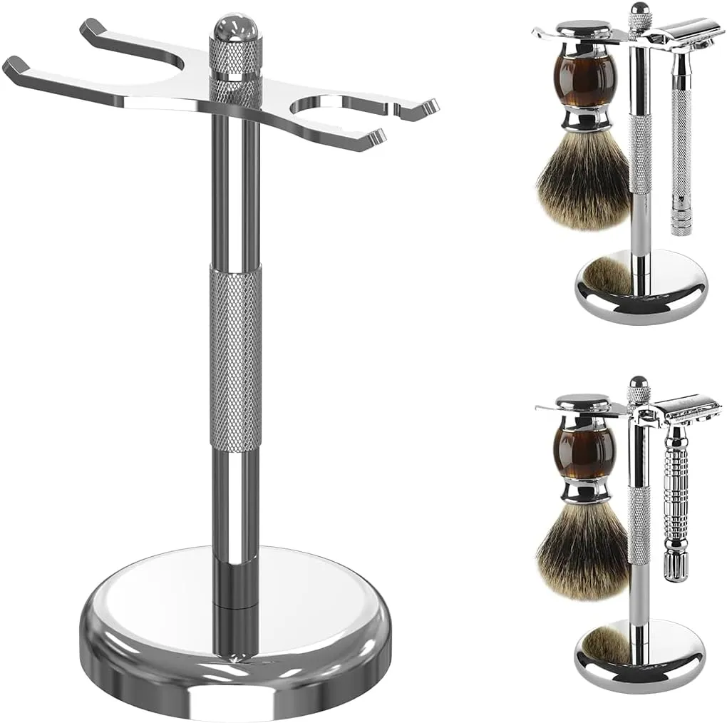 Linkidea Razor & Brush Holder, Deluxe Men's Stainless Steel Shaving Brush Hanger, Grooming Organizer for Bathroom, Shaver Stand Compatible with Merkur 23C (Silver)