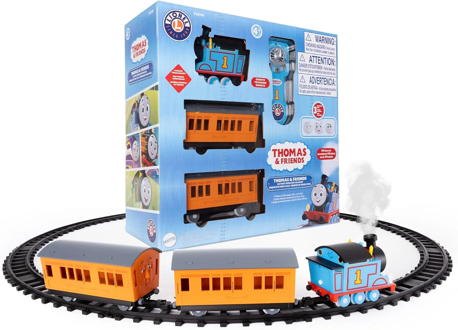 Lionel Mattel Thomas & Friends Battery O Gauge Toy Train Set with Remote, Locomotive, Train Cars, & Track with Authentic Train Sounds, Lights, & Water Vapor Smoke Effects for Kids 4 