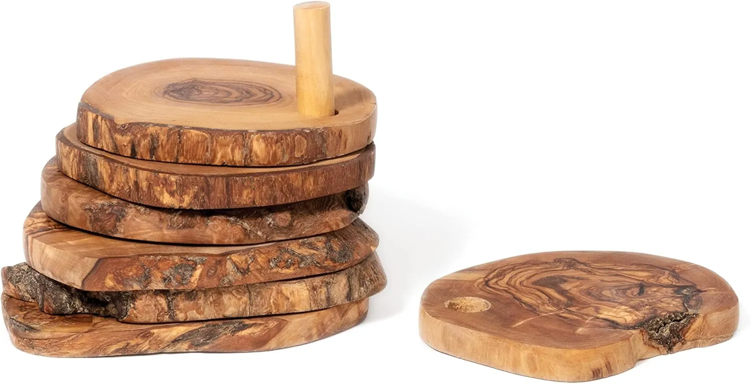 Lipper International Olive Wood Round Drink Coasters, 4.5" Diameter, Set of 6 with Holder