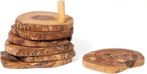 Lipper International Olive Wood Round Drink Coasters, 4.5" Diameter, Set of 6 with Holder