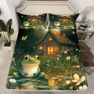 Lodge Frog Fitted Sheet,Rustic Cabin Jungle Wild Animal Starry Sheet Set (No Flat Sheet) for Teens,Nature Daisy Flowers Lake Lotus Leaves Bedding Set with 2 Pillowcases,Queen Size