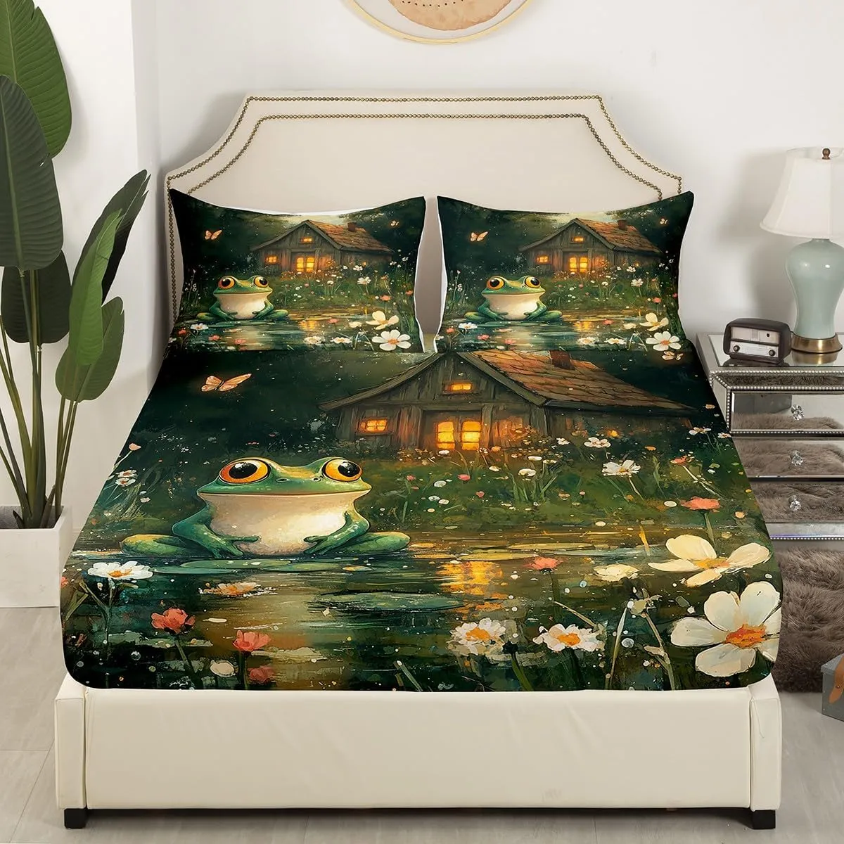 Lodge Frog Fitted Sheet,Rustic Cabin Jungle Wild Animal Starry Sheet Set (No Flat Sheet) for Teens,Nature Daisy Flowers Lake Lotus Leaves Bedding Set with 2 Pillowcases,Queen Size