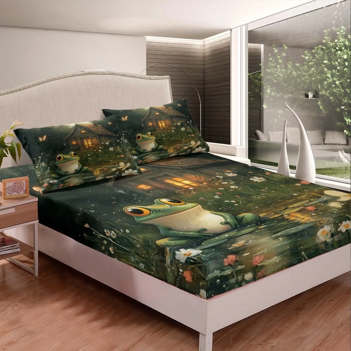 Lodge Frog Fitted Sheet,Rustic Cabin Jungle Wild Animal Starry Sheet Set (No Flat Sheet) for Teens,Nature Daisy Flowers Lake Lotus Leaves Bedding Set with 2 Pillowcases,Queen Size