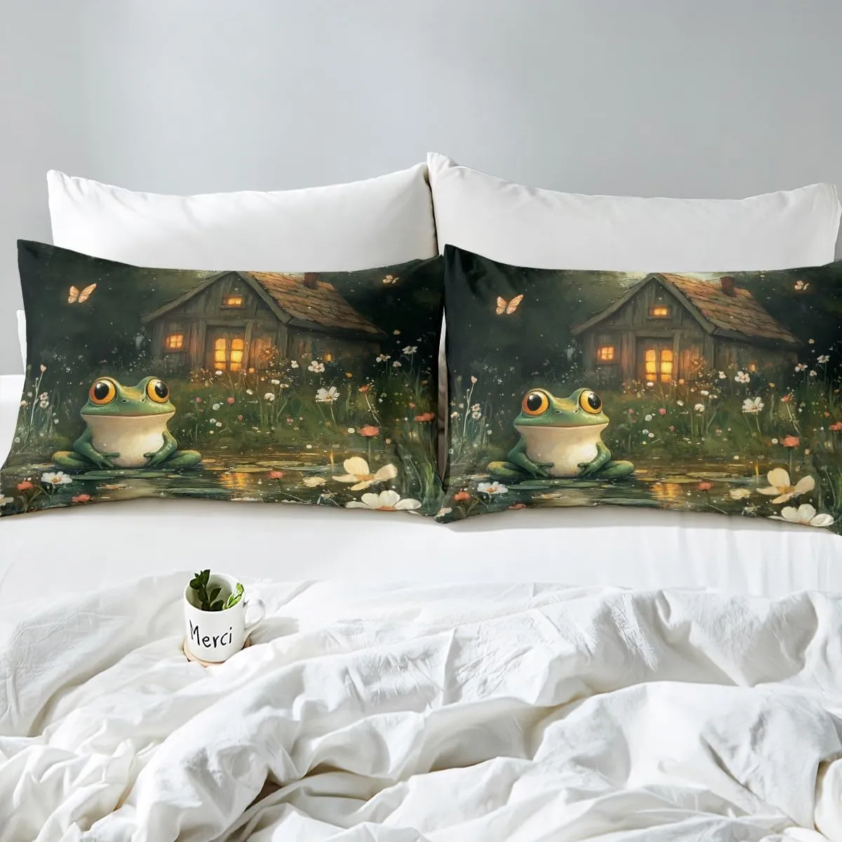 Lodge Frog Fitted Sheet,Rustic Cabin Jungle Wild Animal Starry Sheet Set (No Flat Sheet) for Teens,Nature Daisy Flowers Lake Lotus Leaves Bedding Set with 2 Pillowcases,Queen Size