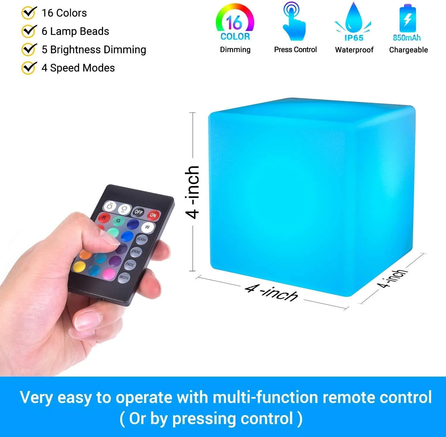 LOFTEK 4-inch LED Cube Lights: RGB 16 Colors Cosmic Cube LED Mood Lamp Tesseract with Remote Control, IP65 Waterproof Rechargeable Bedside Lamp Night Lights for Nursery Kids Toys Gift
