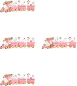LOGOFUN 4PCS Christmas Train Decorations Mini Xmas Wooden Trains Pink Train Toys with Snowman for Holiday Home Desktop Decor