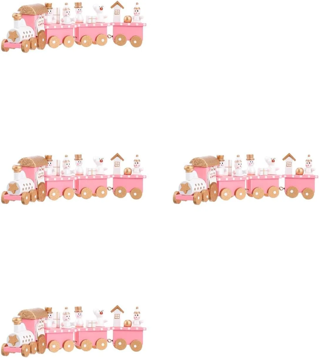 LOGOFUN 4PCS Christmas Train Decorations Mini Xmas Wooden Trains Pink Train Toys with Snowman for Holiday Home Desktop Decor