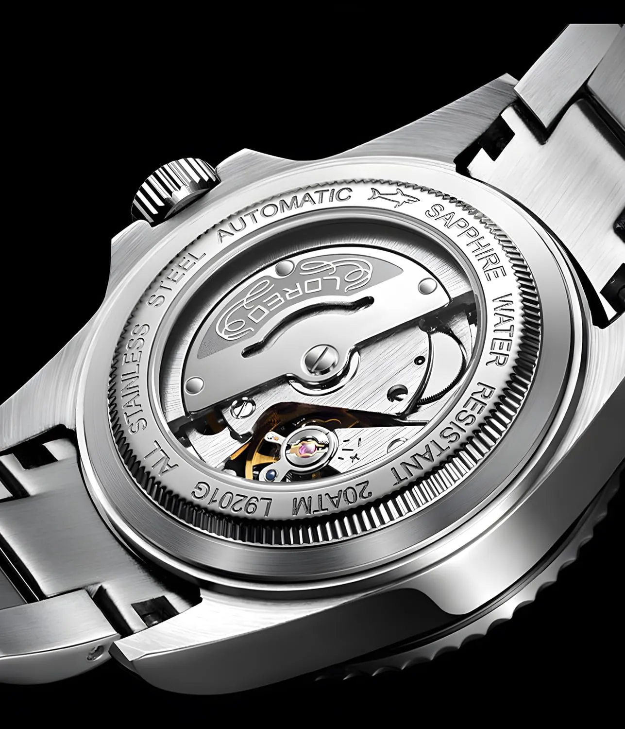 LOREO Mens Silver Stainless Steel Sapphire Glass Black Rotating Bezel Men's Automatic Watch