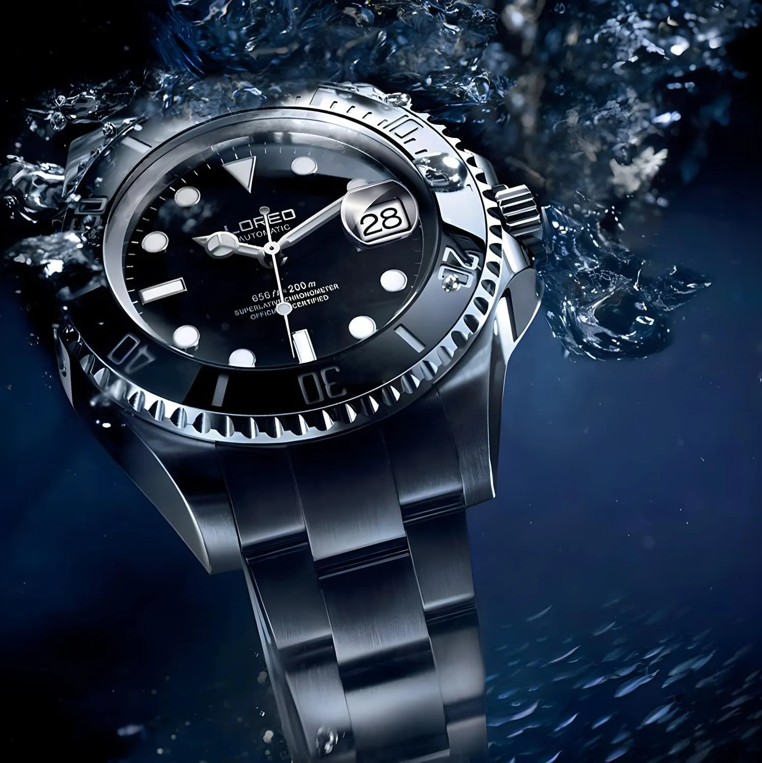 LOREO Mens Silver Stainless Steel Sapphire Glass Black Rotating Bezel Men's Automatic Watch