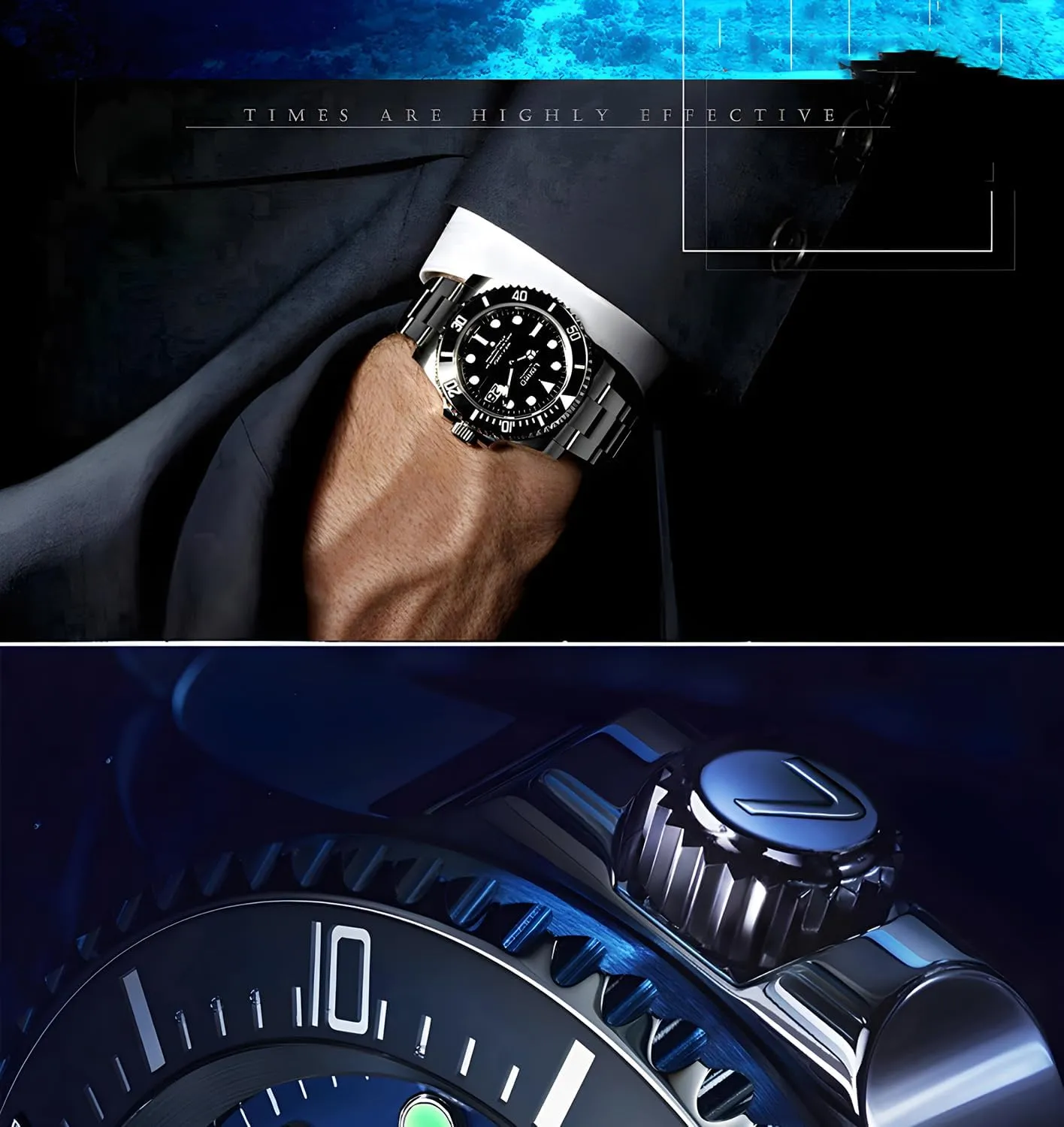 LOREO Mens Silver Stainless Steel Sapphire Glass Black Rotating Bezel Men's Automatic Watch