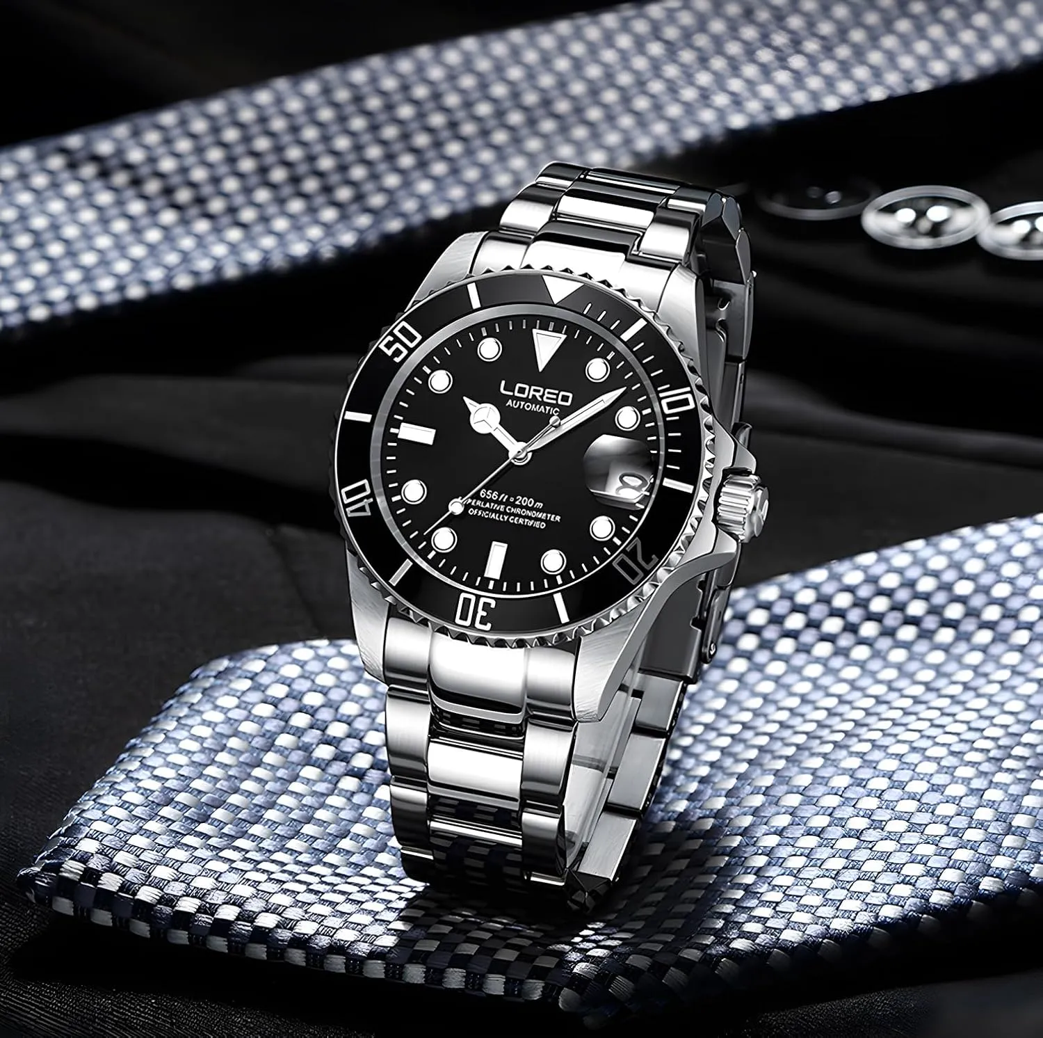 LOREO Mens Silver Stainless Steel Sapphire Glass Black Rotating Bezel Men's Automatic Watch