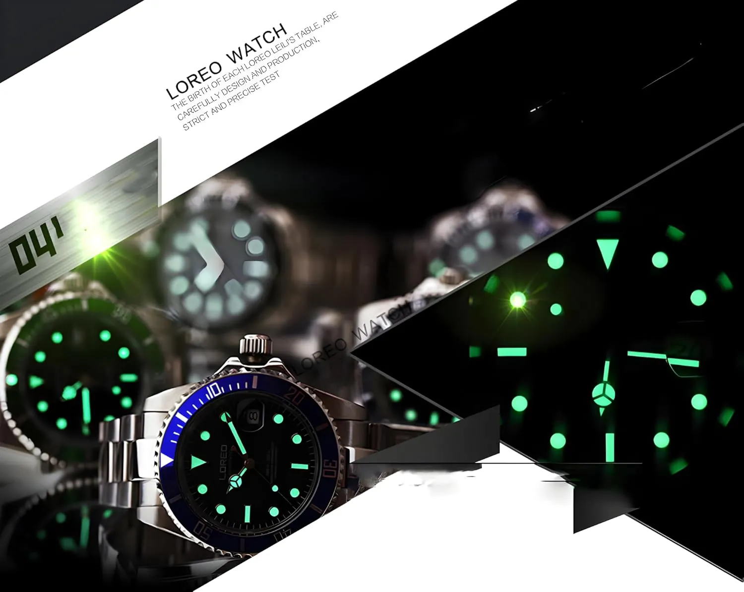 LOREO Mens Silver Stainless Steel Sapphire Glass Black Rotating Bezel Men's Automatic Watch