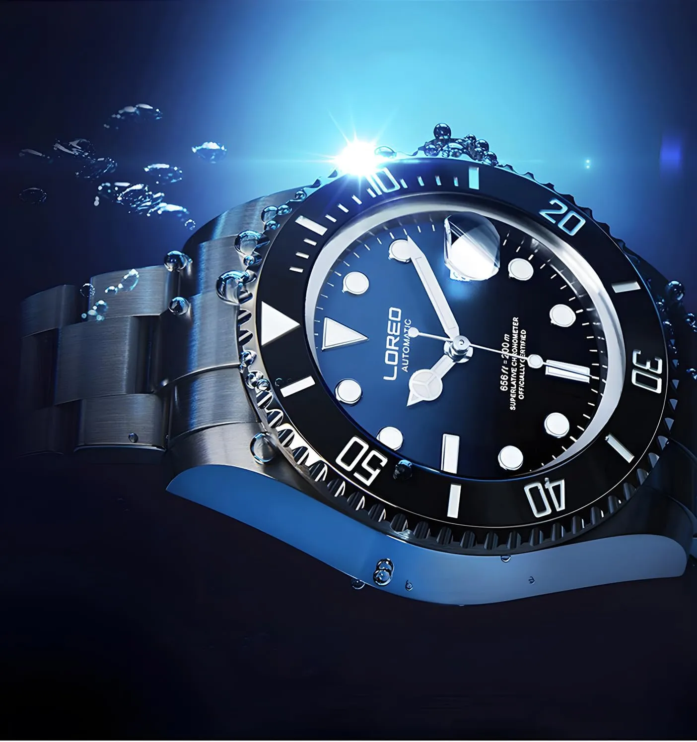 LOREO Mens Silver Stainless Steel Sapphire Glass Black Rotating Bezel Men's Automatic Watch