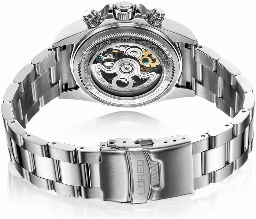 LOREO Mens Automatic Watch Silver Stainless Steel Sapphire Glass Ceramic Bezel Date Military Diving Waterproof Watch