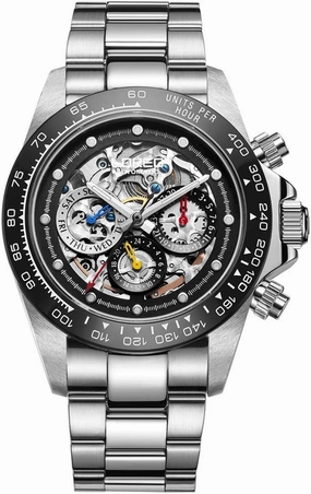LOREO Mens Automatic Watch Silver Stainless Steel Sapphire Glass Ceramic Bezel Date Military Diving Waterproof Watch