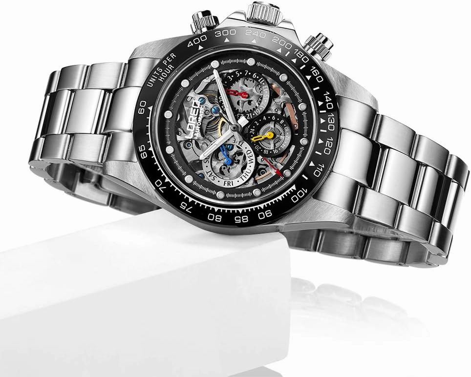 LOREO Mens Automatic Watch Silver Stainless Steel Sapphire Glass Ceramic Bezel Date Military Diving Waterproof Watch