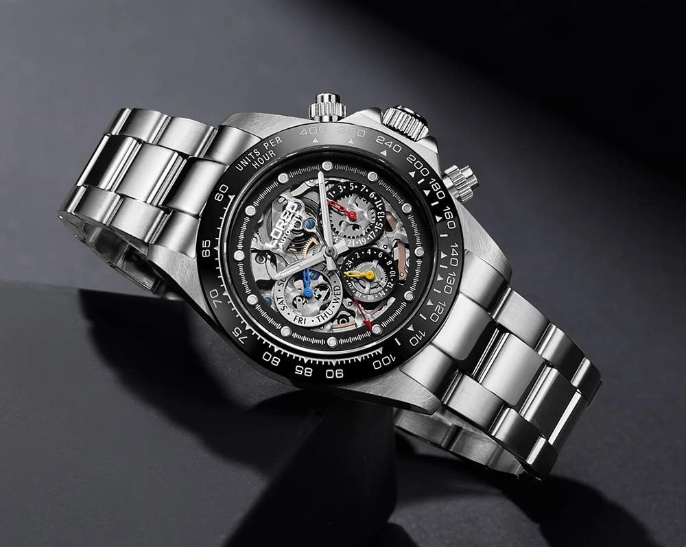 LOREO Mens Automatic Watch Silver Stainless Steel Sapphire Glass Ceramic Bezel Date Military Diving Waterproof Watch