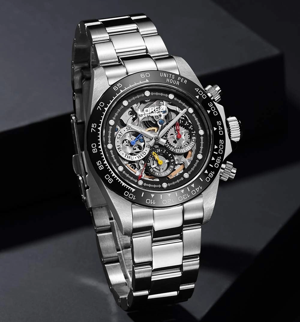 LOREO Mens Automatic Watch Silver Stainless Steel Sapphire Glass Ceramic Bezel Date Military Diving Waterproof Watch