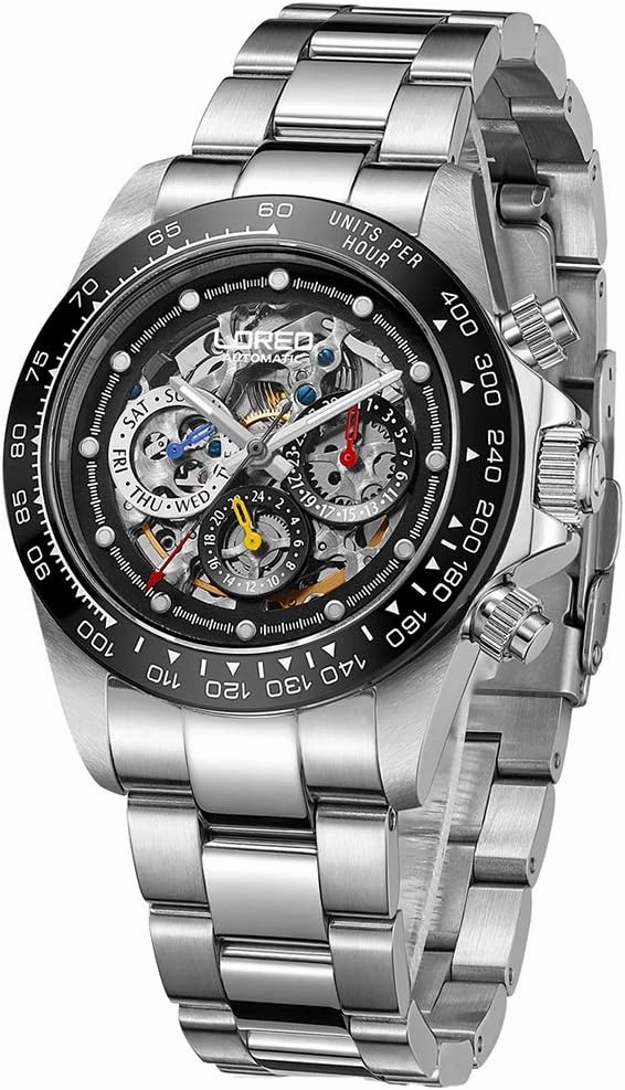 LOREO Mens Automatic Watch Silver Stainless Steel Sapphire Glass Ceramic Bezel Date Military Diving Waterproof Watch