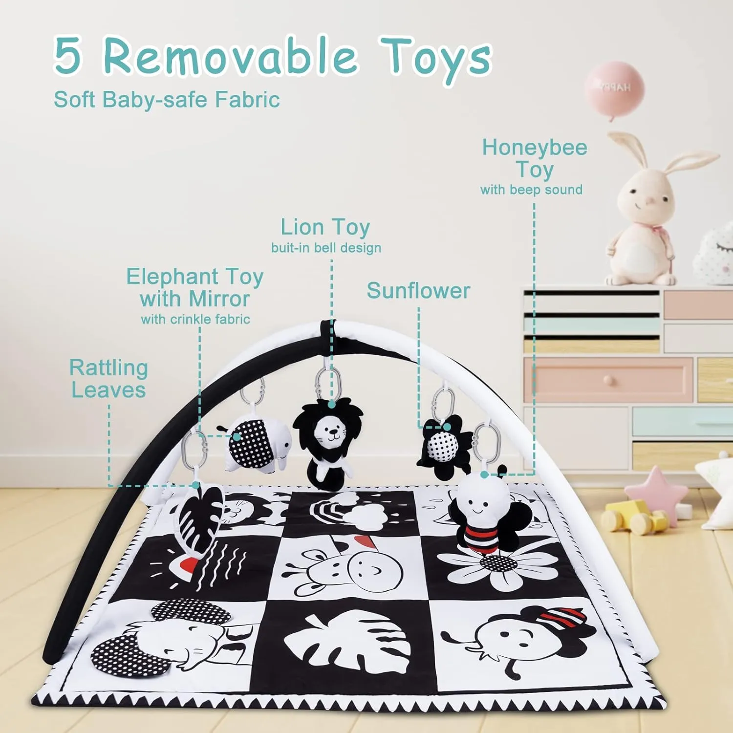 Lovvie & Joy Baby Play Activity Gym Tummy Time Mat for Infant,Baby Gyms & Playmats for Babies 0 to 3 6 9 12 Months with 5 Toys for Early Sensory Exploration and Motor Skill Development