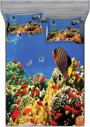 Lunarable Ocean Fitted Sheet & Pillow Sham Set, Submerged Colorful Old Coral Colony Fishes at Tranquil Shallow Red Sea Image Print, Decorative Printed 3 Piece Bedding Decor Set, King, Multicolor