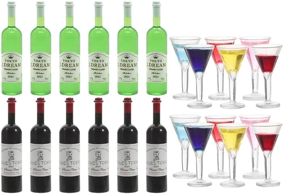 LUOZZY 24 PCS Mini Liquor Bottles Set 1:12 Dollhouse Wine Bottles and Cocktail Glasses Set Miniature Red Wine Bottle Goblet Cups Dollhouse Kitchen Accessories