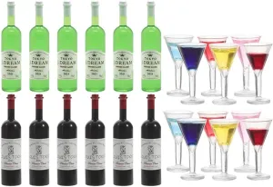 LUOZZY 24 PCS Mini Liquor Bottles Set 1:12 Dollhouse Wine Bottles and Cocktail Glasses Set Miniature Red Wine Bottle Goblet Cups Dollhouse Kitchen Accessories