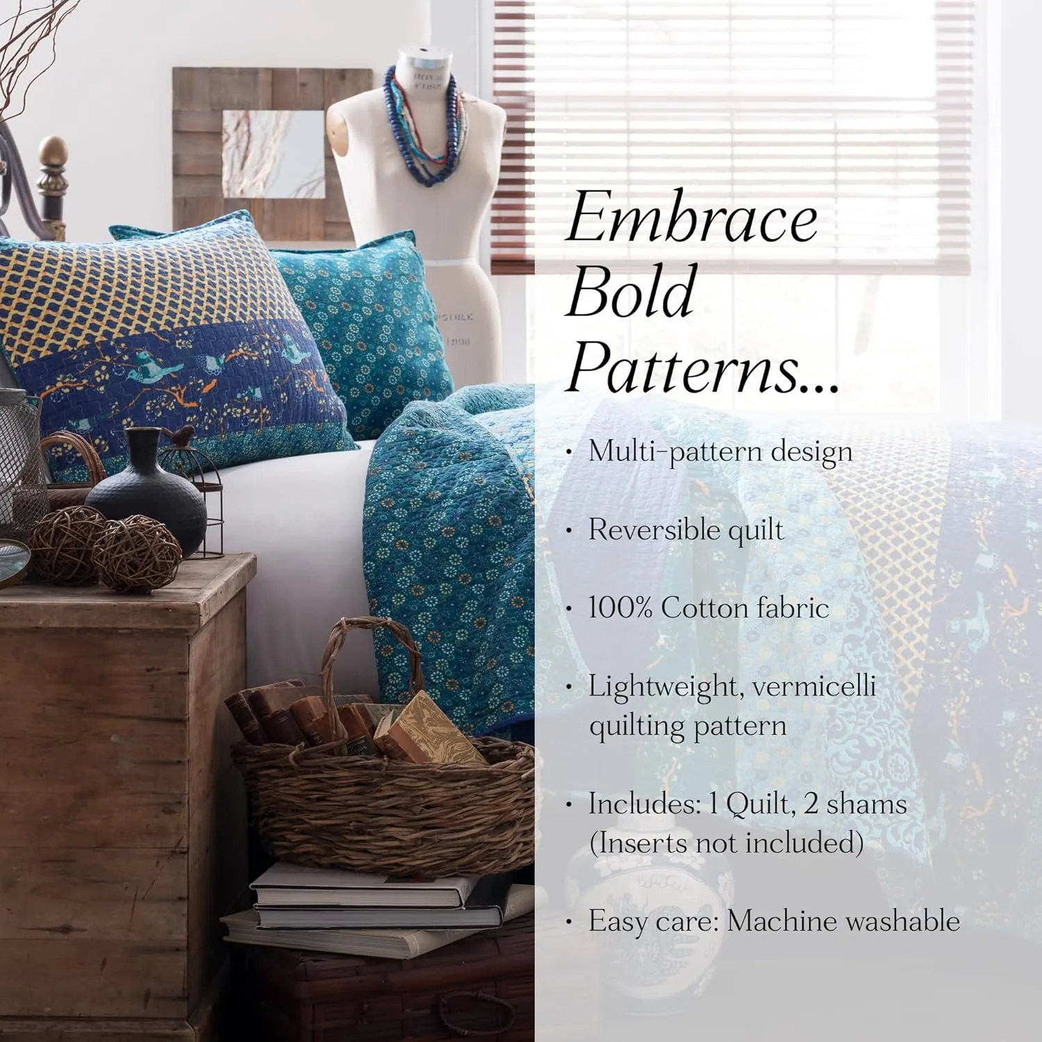 Lush Decor Royal Empire Reversible Cotton Quilt Set - 3 Piece Striped Bedding Set - Bold & Colorful Bohemian Patterns - Soft Cotton Feel - Full/ Queen, Peacock