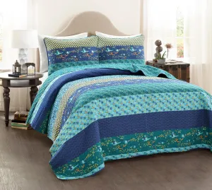 Lush Decor Royal Empire Reversible Cotton Quilt Set - 3 Piece Striped Bedding Set - Bold & Colorful Bohemian Patterns - Soft Cotton Feel - Full/ Queen, Peacock