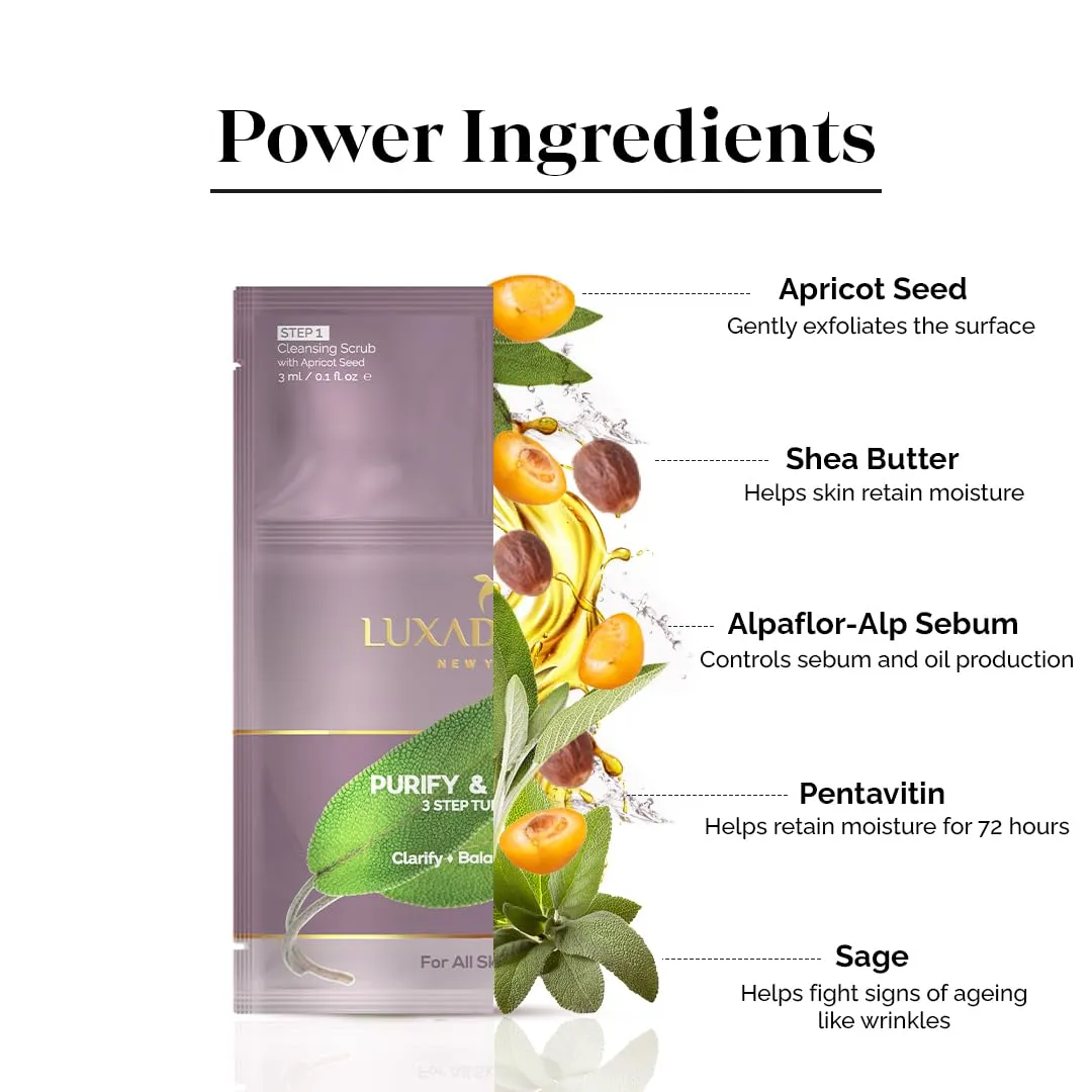 LuxaDerme Purify & Protect 3 Step Tune-Up Kit - Cleansing Scrub, Bio Cellulose Sheet Mask, Booster Cream (Pack of 5)